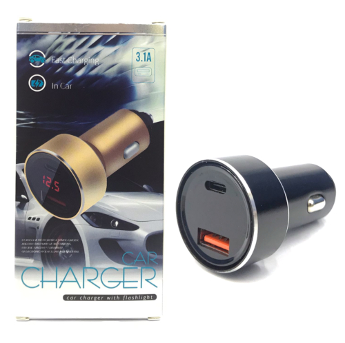 USB & Type C 12W Car Charger with Flashlight